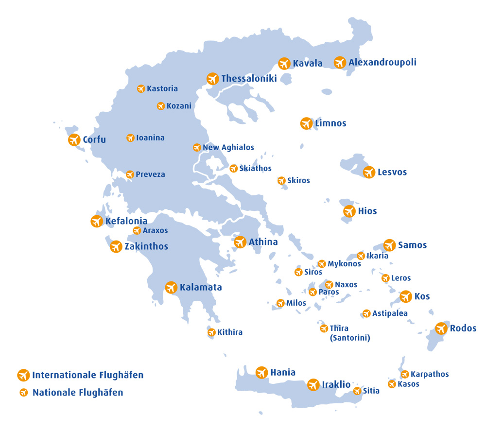Griechenland hat aktuell 15 internationale Flughäfen, zu denen Linien- und Charterflugverbindungen bestehen sowie 25 nationale Flughäfen
